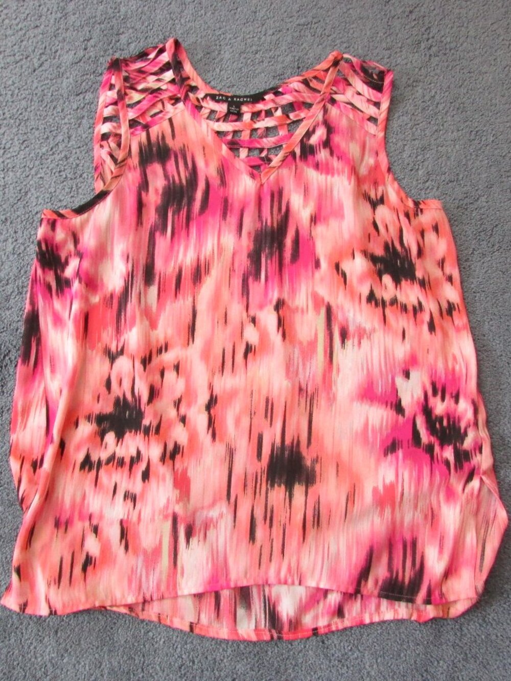 NWOT Zac & Rachel Large Pink Black Longer Tank Top Chiffon Braided Back/Shoulder